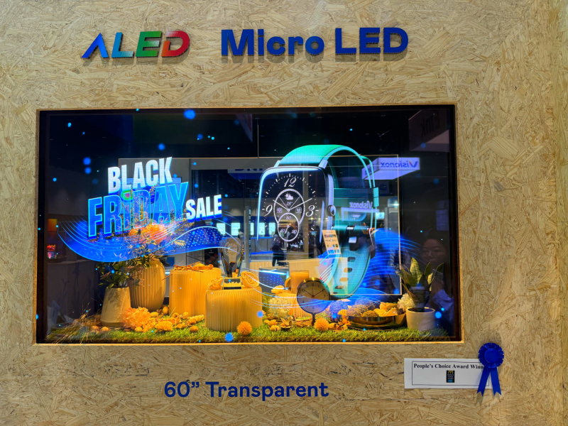 世界杯下单平台网站官网60吋高透明度Micro LED显示器获&rdquo;最佳Micro LED技术应用奖&rdquo;，将Micro LED面板透明化之设计特性极致发挥，以可扩展性无缝拼接技术打造，具备600 nits全画面亮度、大于60%穿透率及超过NTSC 110%的优异广色域表现，可依需求灵活应用于各种场域